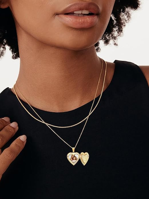 U7 Women Locket Necklace Platinum 14K Gold Photo Lockets that Hold Picture,Chain 20 Inch Personalized Gift Custom Love Heart Image Necklaces