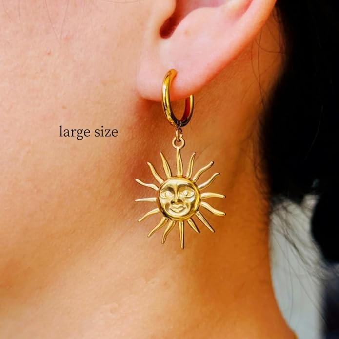 Sunburst Heart Dangle Hoop Earrings, 18K Gold Plated hypoallergenic Stainless Steel Cute Jewelry for Women daily Wear
