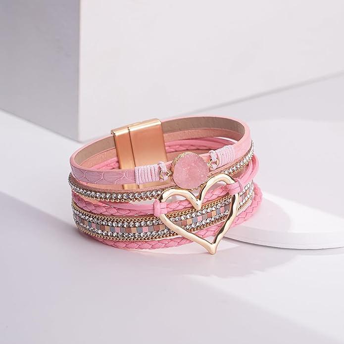 FANCY SHINY Heart Leather Wrap Bracelets Stackable Boho Cuff Bangles Trendy Resin Stone Rhinestone Bracelets with Magnetic Clasp for Women