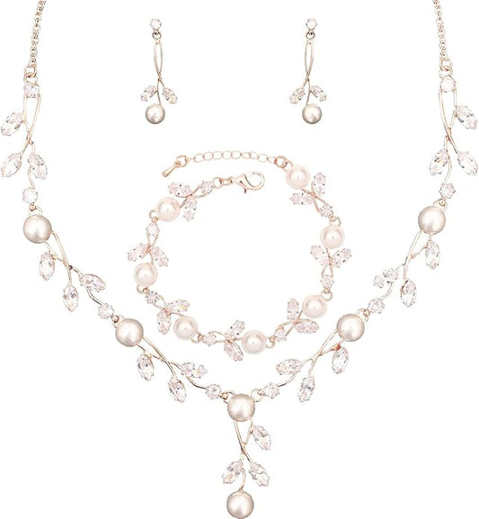 Luxury Cubic Zirconia Aurtrian Crystal Pearl Floral Necklace Dangle Earrings Wedding Bridal Jewelry Set Birthday Gifts for Her
