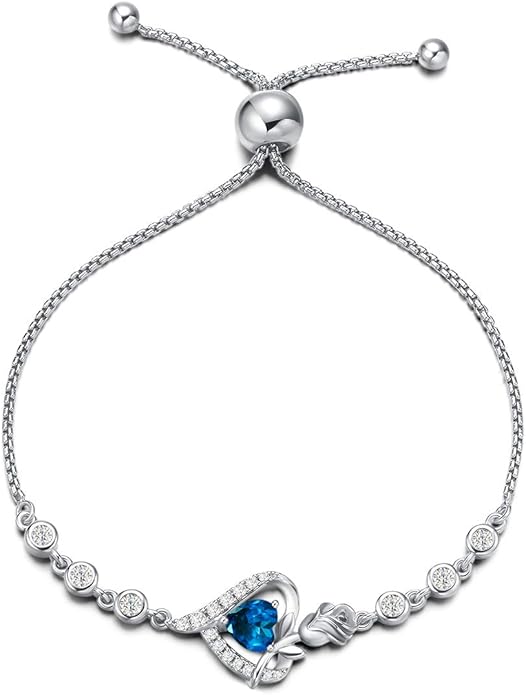 AGVANA Rosy Reverie Birthstone Bracelet for Women Sterling Silver Genuine or Created Gemstone Tennis Bracelet Rose Heart Jewelry Anniversary Birthday Gifts for Women Mom Wife Her