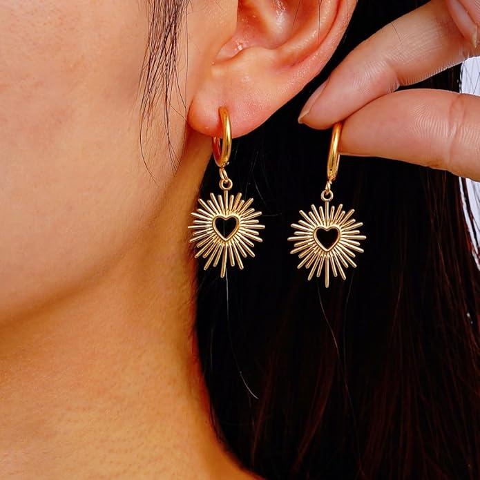 Sunburst Heart Dangle Hoop Earrings, 18K Gold Plated hypoallergenic Stainless Steel Cute Jewelry for Women daily Wear