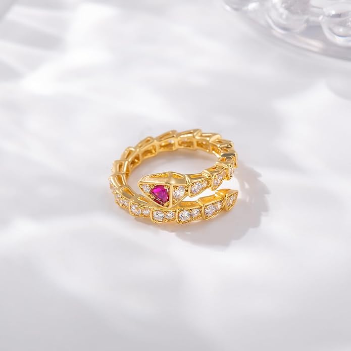 Aura & lrena Adjustable Snake Rings for Wome, 18K Gold or Platinum Plating Open-Ended Ring with AAA Cubic Zirconia Fashion Jewelry, Statement Gift Design Rings for Men and Women Non Tarnish