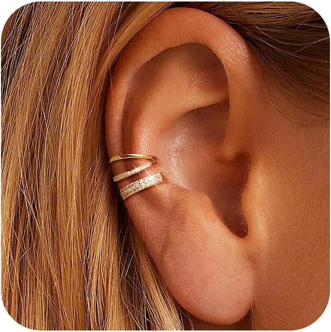 Gold Ear Cuffs Earrings for Women Non Piercing - Clip on Cartilage Earrings Dainty 14K Gold Sterling Silver Plated Cubic Zirconia Huggie Hoop Earring for Women No Tarnish Trendy Jewelry Set