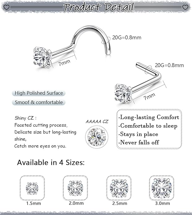 Nose Rings Studs: 8Pcs 20G Gold/Silver 316L Surgical Stainless Steel Nose Studs Hypoallergenic Corkscrew Nose Piercing Stud Jewelry for Women Men Clear Cubic Zirconia Imitation Diamond Top Size 1.5mm 2mm 2.5mm 3mm