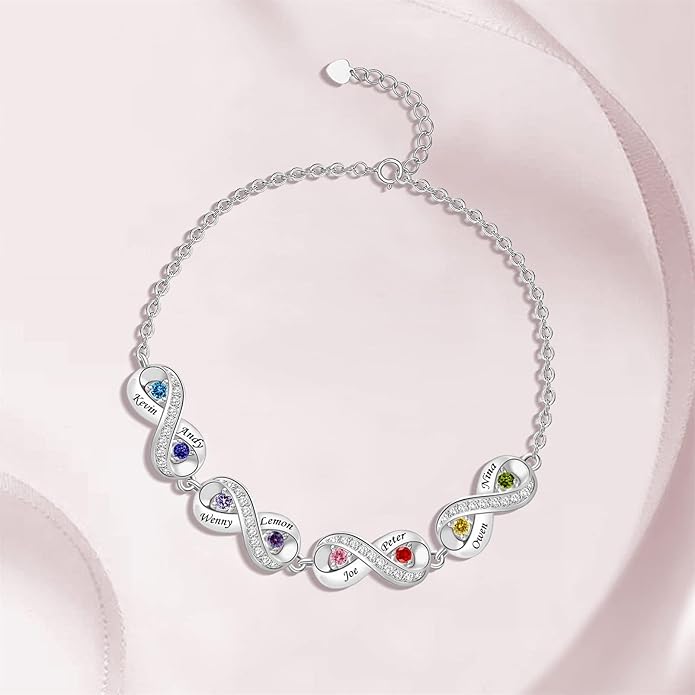BABOOM Custom Mother Bracelet With 1-8 Birthstones Personalized Infinity Name Bracelet Engraved Birthstone Bracelets Gifts For Women Mother Daughter Wife