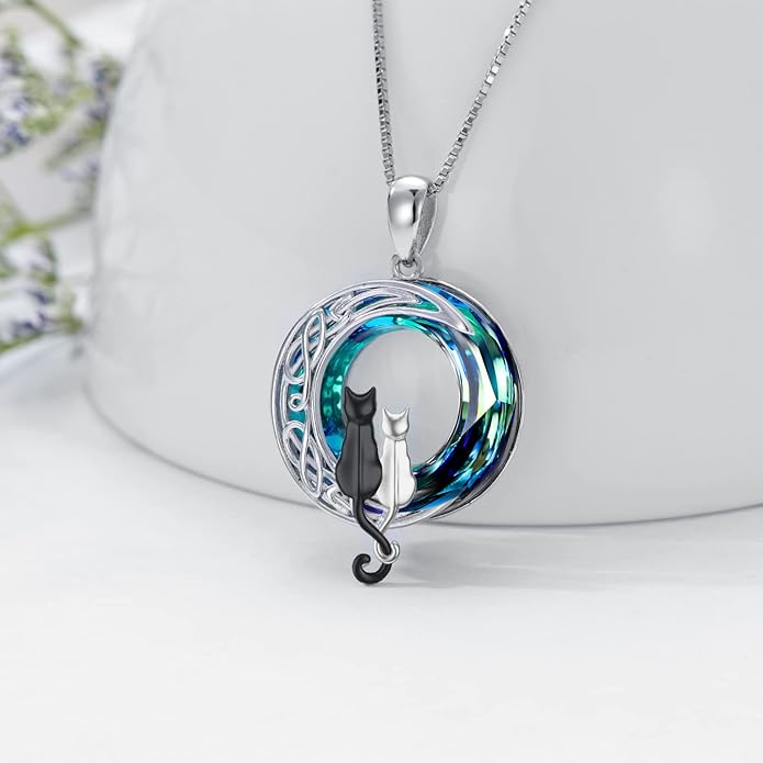 TOUPOP Christmas Cat Gifts for Cats Lovers One Two Three Four Cats Necklace Sterling Silver Cats on the Moon Pendant Necklace with Blue Circle Crystal Birthday Christmas Celtic Jewelry Gifts for Women