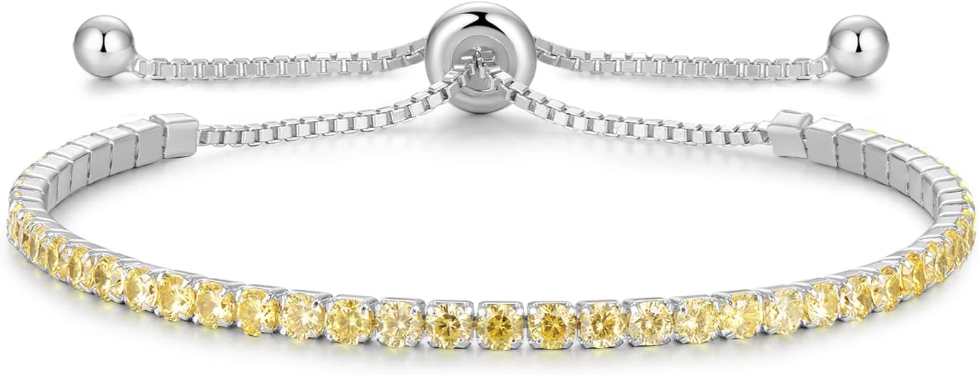 Sterling Silver Birthstone Tennis Bracelets for Women 2.5mm Tennis Bolo Bracelet Fashion Jewelry Birthday Gifts for Women Mom Wife | Adjustable Size 9"