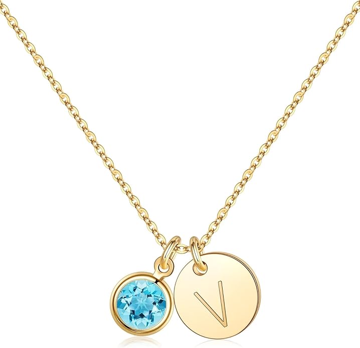 Hidepoo Initial Birthstone Necklace for Girl Women - 14K Gold Plated Disc Letter Necklace Personalized Gifts Jewelry Birthstone Initial Necklaces Birthday Gift for Female Teens Mom