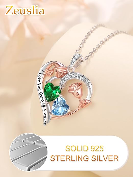 Zeuslia Double Birthstone Necklace Gifts for Wife - 925 Sterling Silver Sunflower/Rose/Crown Cross/Compass/Heart Pendant I Love You Necklace, Anniversary Birthday Gifts for Wife Girlfriend Mom Her