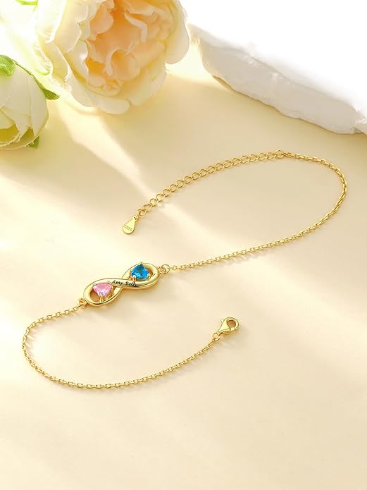 Custom4U Personalized Infinity Ankle Bracelets for Women 925 Sterling Silver Anklet Bracelet Endless Love Symbol Birthstone Charm Adjustable Foot Chain Jewelry Mothers Day Gifts for Mom Wife Women Her