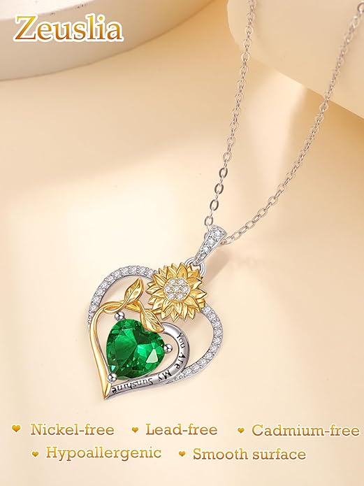 Zeuslia Double Birthstone Necklace Gifts for Wife - 925 Sterling Silver Sunflower/Rose/Crown Cross/Compass/Heart Pendant I Love You Necklace, Anniversary Birthday Gifts for Wife Girlfriend Mom Her