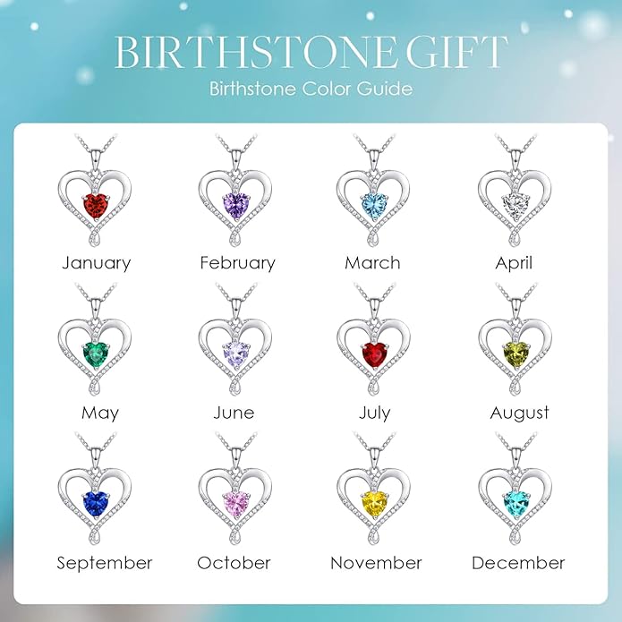 Birthstone Necklace for Women, 18K White Gold Heart Necklace Filled 925 Sterling Silver, Diamond Womens Jewelry Christmas Gifts for Women Wife