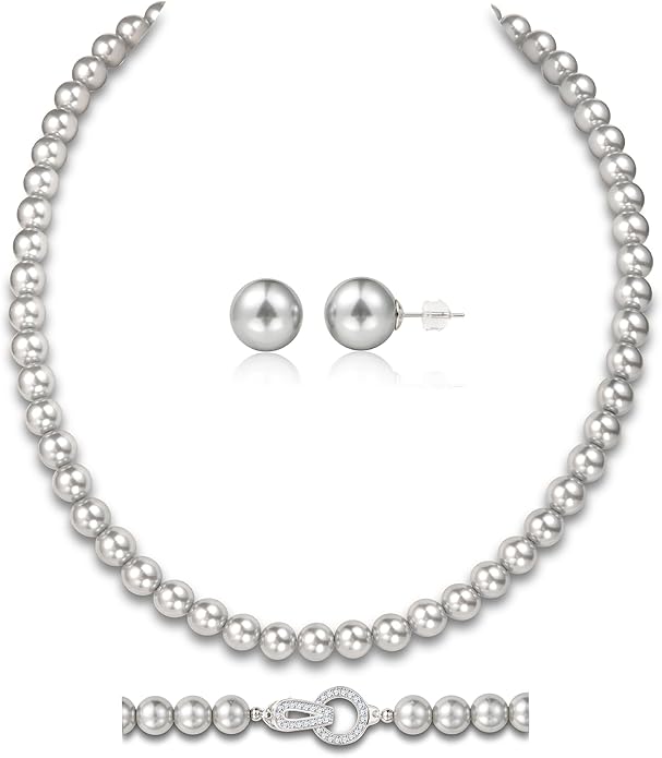 Pearl Necklace 18 inch and Pearl Earrings Studs, Lustrous Gorgeous Imitated Silver/White Pearls Jewelry Set For Women