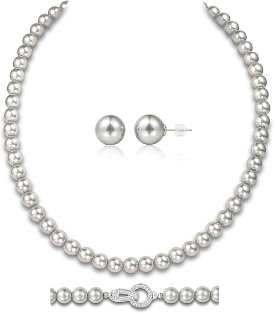 Pearl Necklace 18 inch and Pearl Earrings Studs, Lustrous Gorgeous Imitated Silver/White Pearls Jewelry Set For Women