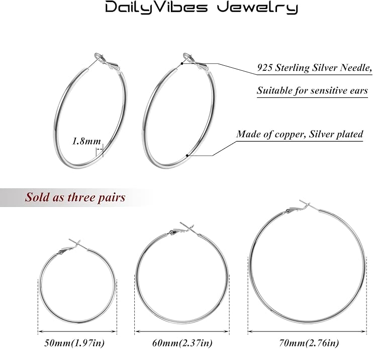 Big Gold Hoop Earrings for Women Hypoallergenic 925 Sterling Silver Post Thin Loop 14K Gold Plated Hoop Earrings Set for Women, 3 Pairs