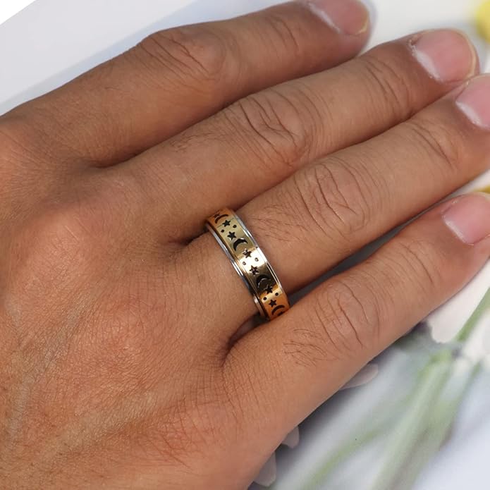 AmorArtSky Anxiety Ring for Women Men, Titanium Stainless Steel Spinner Ring, 5 Colors, 6MM, Size 6-10, 3 Styles Anxiety Ring-Moon Star, Sandblasted Finished, Hollow Outer