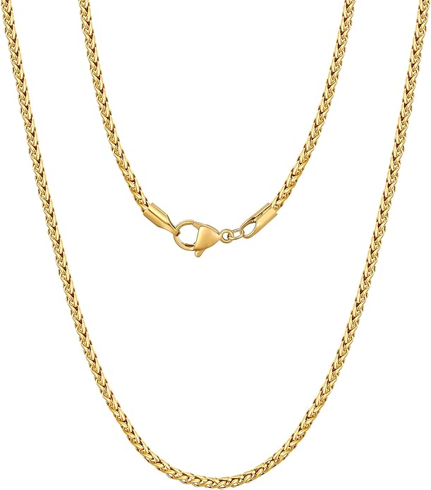 Fiusem Wheat Chains for Men and Women, 2/2.5/3/4/5mm Silver Tone/14K Gold Plated/Black Necklace Chain, Stainless Steel Mens Necklace 16-28 Inch