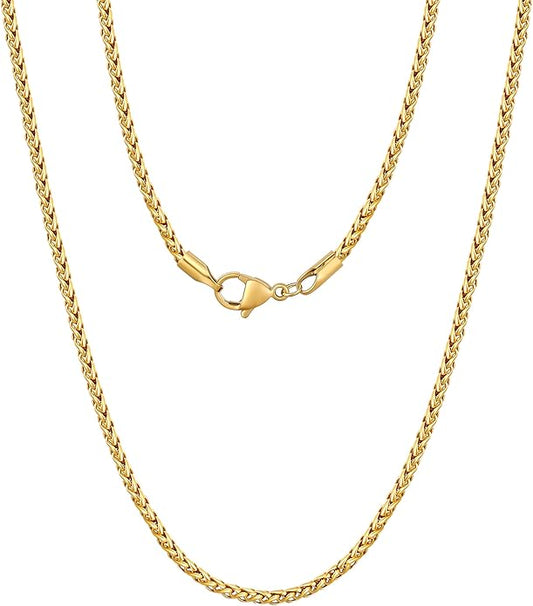 Fiusem Wheat Chains for Men and Women, 2/2.5/3/4/5mm Silver Tone/14K Gold Plated/Black Necklace Chain, Stainless Steel Mens Necklace 16-28 Inch