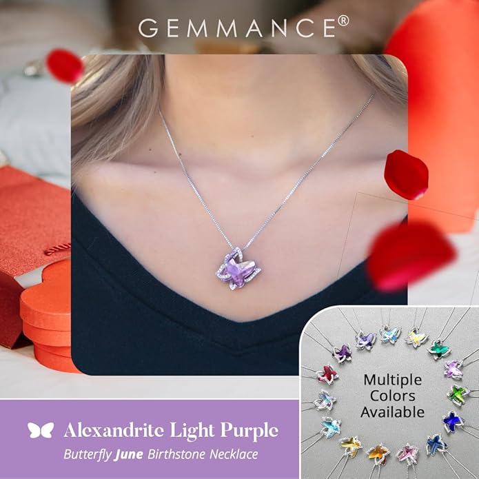 GEMMANCE Valentine's Day Gift Butterfly Birthstone Crystal Necklace, Silver Tone with 18”+2” Chain, Necklace for Mother’s Day Anniversary Birthday Gifts for Women and Daughter