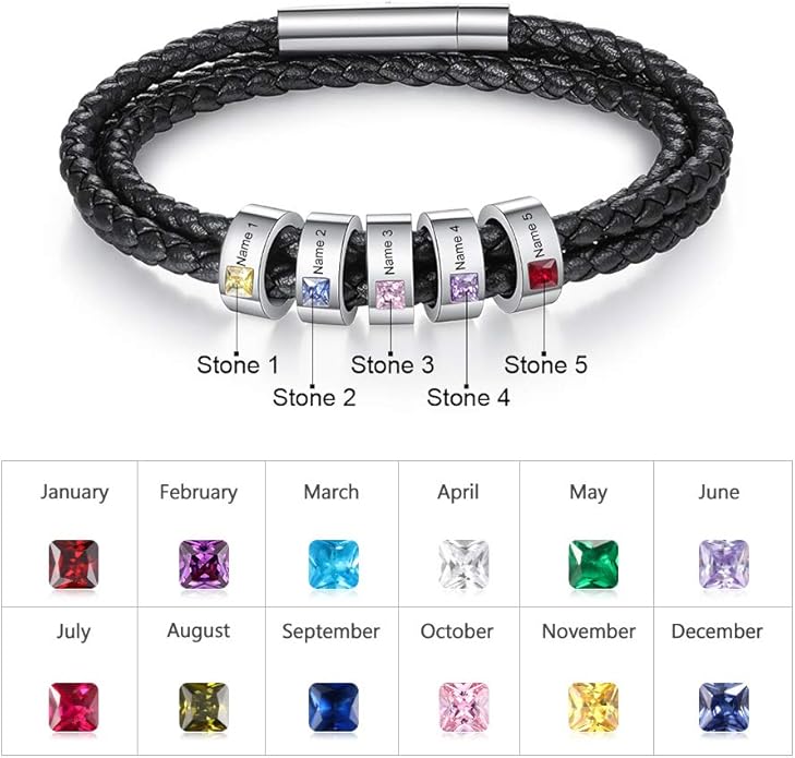 kaululu Custom Leather Bracelet for Men with 1/2/3/4/5/6/7/8 Birthstones Engraved Stainless Steel Beads Personalized Names Bracelet for Father's Day Christmas Thanksgiving Gift for Men