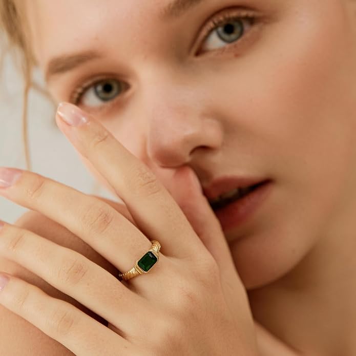 Gold Emerald Rings Gold Rings for Women Dainty Green Rings Cut Emerald Gemstones CZ Non Tarnish Gold Rings 14K Gold Plated Rings for Women Band Size 6/7/8/9