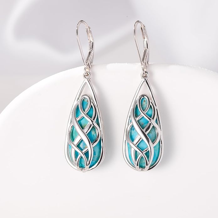 Turquoise Earrings for Women, Turquoise Jewelry for Women S925 Sterling Silver Dangle Teardrop Earrings Celtic Design, Boho Jewelry Gift for Friend Lover Mother