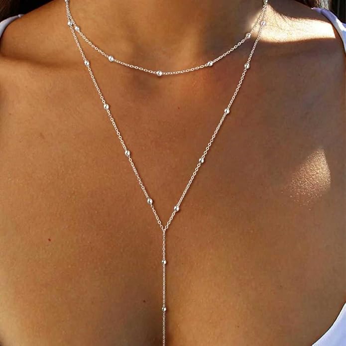 Lariat Necklace for Women, Dainty Long Necklaces, 14k Gold/Silver Plated Y-Shaped Drop Chain Necklace, Simple Layered Necklaces, Trendy Jewelry Gifts for Her