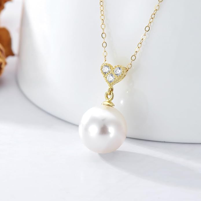 14K Solid Gold Pearl Necklace for Women Real Gold Bow/Heart/Dolphin Pearl Necklace Solitaire Freshwater Cultured Pearls Pendant Jewelry Valentine's Mothers Anniversary Birthday Gifts for Mom Grandma Girlfriend Sister Mom