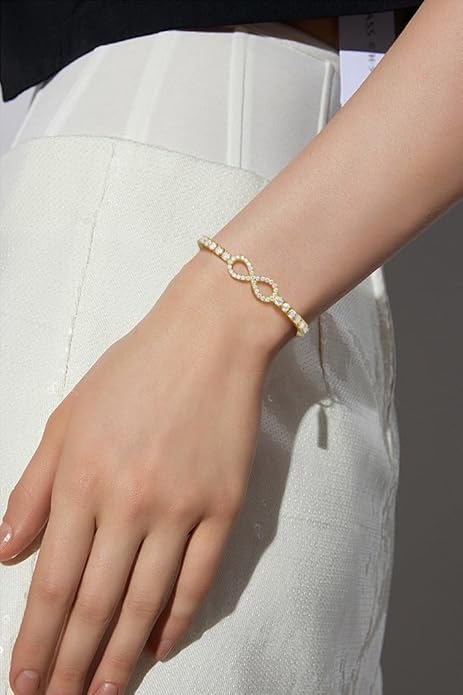 Imitation Diamond Infinity Tennis Bracelet for Women 3mm, 18K Gold Vermeil Moissanite Adjustable Bracelet, Skin-friendly .925 Sterling Silver Bolo Chain for Wrist Measuring 4"-9.5", D Color VVS1 Lab-created Diamond Jewelry Gift for Women
