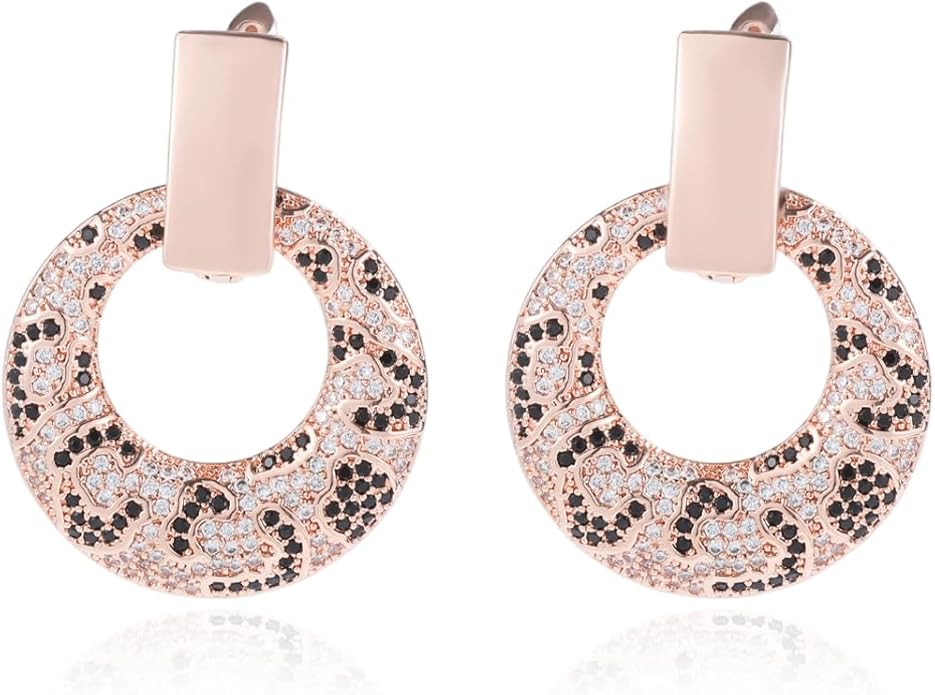 Rose Gold Hoop Earrings for Women, 925 Silver-Plated Thickened Hypoallergenic Earrings, CZ Black Gemstone-Inlaid Earrings - Women's Fashion Jewelry