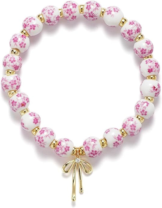 Beads Bow Charm Bracelet for Women Flower Vintage Bracelet Handmade Stretch Beaded Dainty Romantic Jewelry Gifts