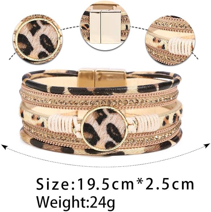 Fesciory Leopard Bracelet for Women, Boho Leather Wrap Multi-Layer Pearl Crystal Bracelet Bangle Jewelry