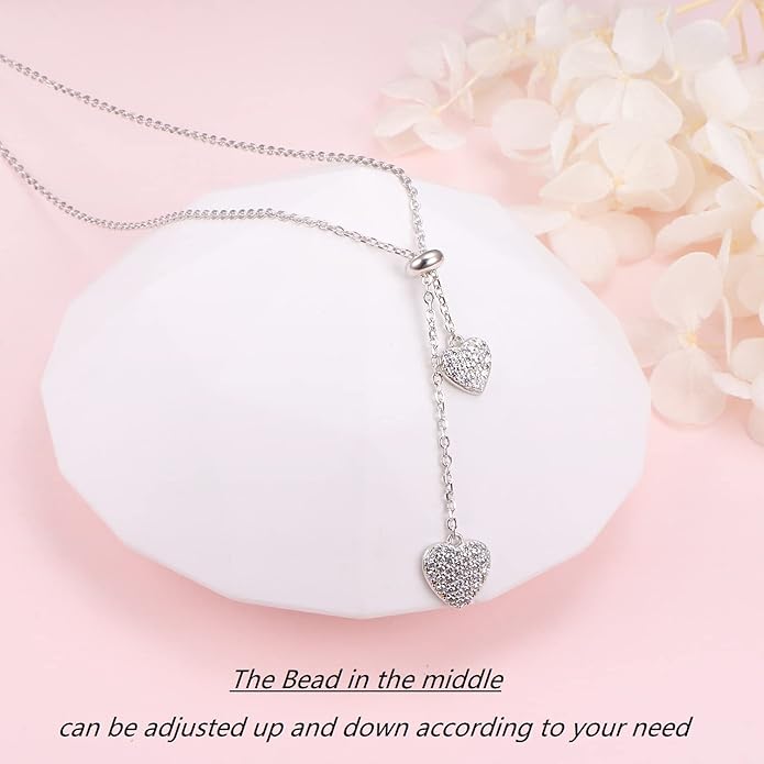 FLYOW Long Chain Dainty Lariat Necklace Simple Style 925 Sterling Silver Heart Pendant Adjustable Y Shaped Necklace Jewelry