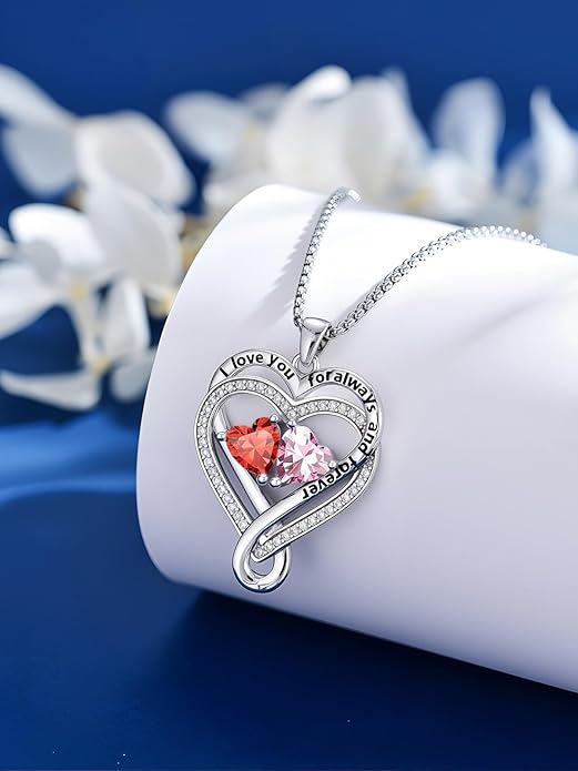 I Love You for Awlays and Forever Double Heart Necklace with Birthstone, 2 Birth Stone Jewelry Anniversary Valentines Mothers Day Christmas Birthday Gifts for Women Her Wife Girlfriend Mom Mother