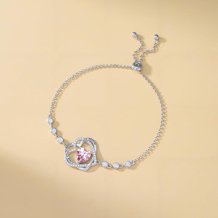 TOUPOP Heart Birthstone Bracelet 925 Sterling Silver Double Heart Bracelet Love You for Always and Forever Jewelry Anniversary Birthday Christmas Gifts for Women Wife Her