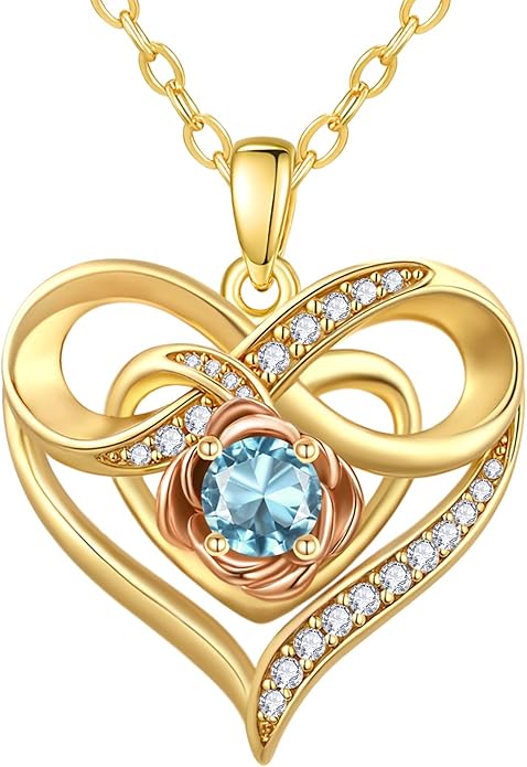 Infinite Heart Birthstone Necklaces for Women Gold Plated Pendant Wedding Anniversary Birthday Gift for Wife Her Mom Grandma Daughter Jewelry with Round Birthstone