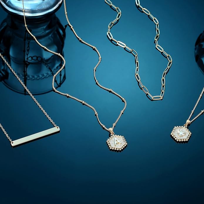 Turandoss Gold Layered Initial Necklaces for Women, 14K Gold Plated Bar Necklace Handmade Layering Hexagon Letter Pendant Beads Chain Necklace Layered Necklaces for Women Gold Jewelry Gifts
