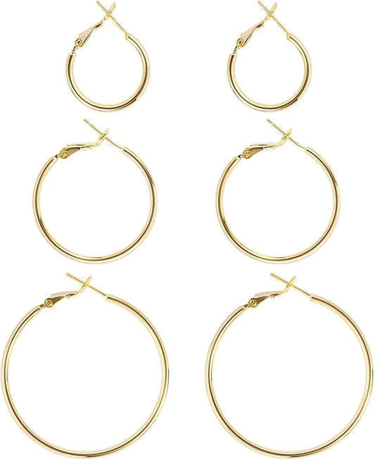 Big Gold Hoop Earrings for Women Hypoallergenic 925 Sterling Silver Post Thin Loop 14K Gold Plated Hoop Earrings Set for Women, 3 Pairs