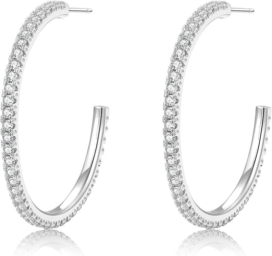 925 Sterling Silver Earrings Large Rhinestone Hoop Earrings Big Cubic Zirconia Hoop Earrings Thin Rhinestones Round Hoop Earrings for Women 20/30/40/50/60/70mm Sparkly Hoops With Crystals for Womens