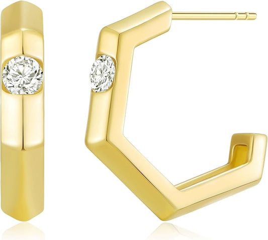 14K Gold & Rose Gold Hoop Earrings for Women, Chunky Huggie Half Hoops Earrings, Hypoallergenic Non Tarnish Cubic Zirconia Trendy Minimalist Everyday Jewelry Gift
