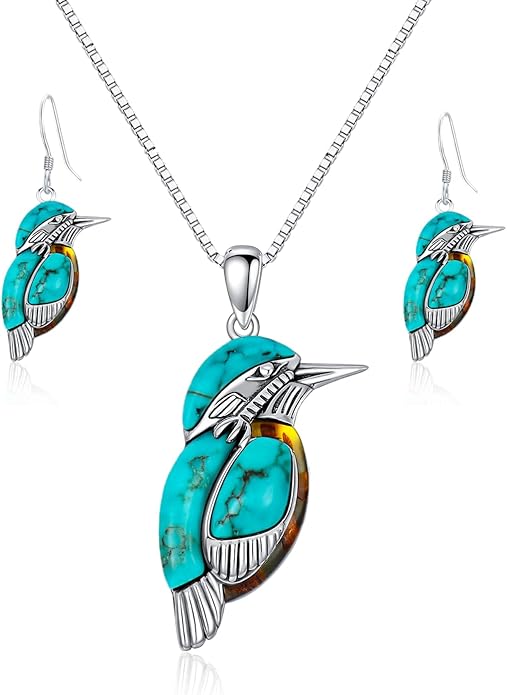 DOLIOX Genuine Bird Turquoise and Amber Stone Jewelry Set for Women, Sterling Silver Native American Necklace Dangle Earrings Western Jewelry