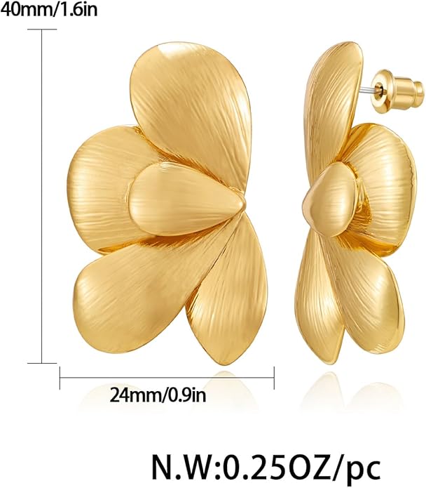 Chunky Gold Statement Earrings For Women Gold Plated Sectored Flower Leaf Shell Angel Wing Earrings Large Stud Earrings Hypoallergenic Earrings