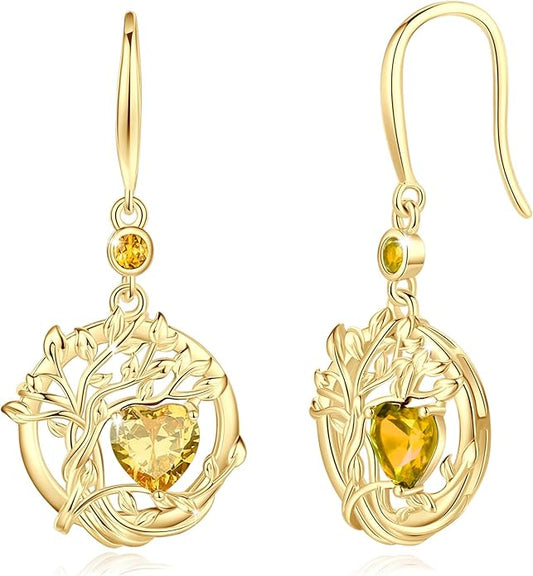 FANCIME Tree of Life Dangle Drop Earrings 925 Sterling Silver Dainty Round Gemstone Birthstone Earring Fine Jewelry Birthday Christmas Gifts for Her Women
