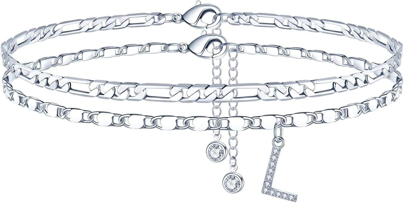 Ursteel Ankle Bracelets for Women, 14K-Gold-Plated Dainty Layered Chain CZ Initial Anklets Set Summer Jewelry Gifts for Women