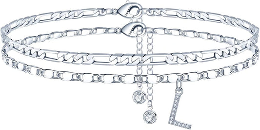 Ursteel Ankle Bracelets for Women, 14K-Gold-Plated Dainty Layered Chain CZ Initial Anklets Set Summer Jewelry Gifts for Women