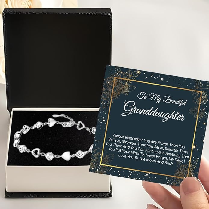 To My Granddaughter Heart Bracelet, Meaningful Jewelry Gift, Bracelet For Granddaughter from Grandma Grandpa with Message Card and Box on Christmas, Birthday, Graduation, Bracelets For Women
