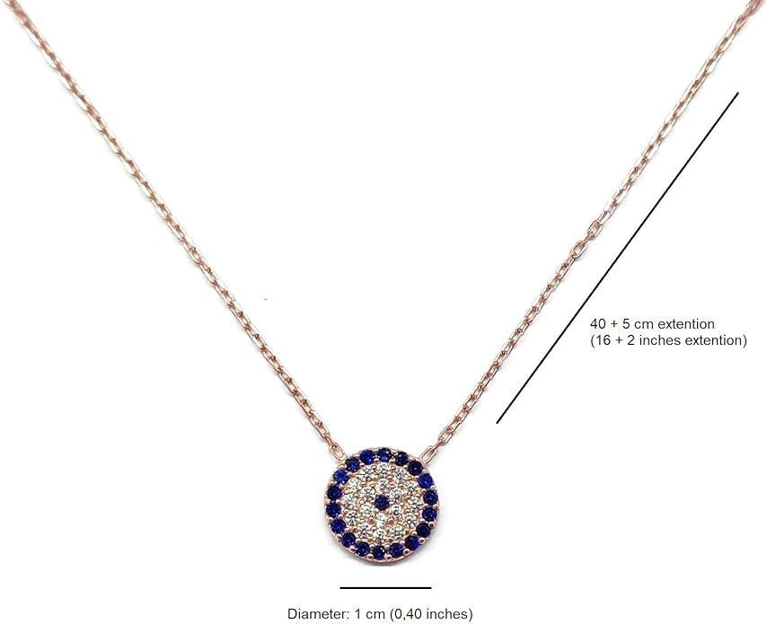 MYSTIC JEWELS - 925 Sterling Silver Necklace with Turkish Eye Necklace - Round with Cubic Zirconia