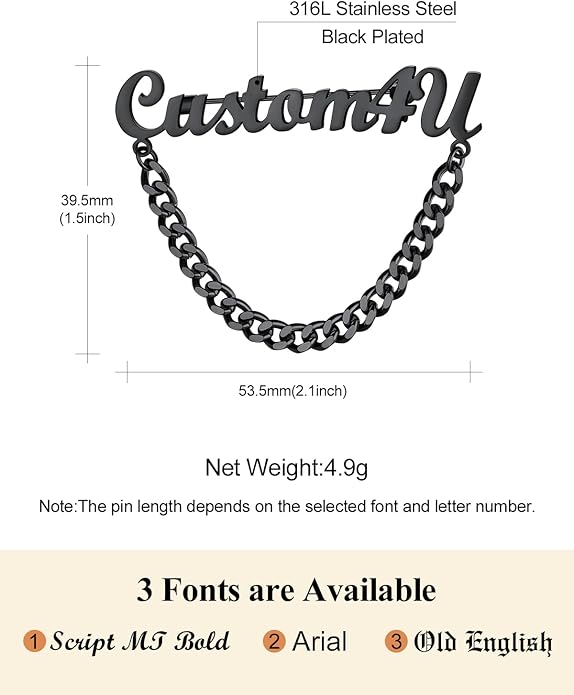 Custom4U Custom Name Pin Personalized Brooch Pins for Women Men Stainless Steel Name Tag with Letters/Initials - Silver/Gold/RoseGold/Black Customized Jewelry Gifts for Birthday Wedding Business Party