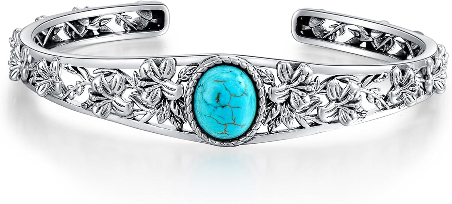 Christmas Jewelry Gift for Women-Genuine Turquoise Cuff Bracelet, Sterling Silver Western Vintage Floral Bangle Native American Jewelry, For 6.5-7.5 Inch Wrists